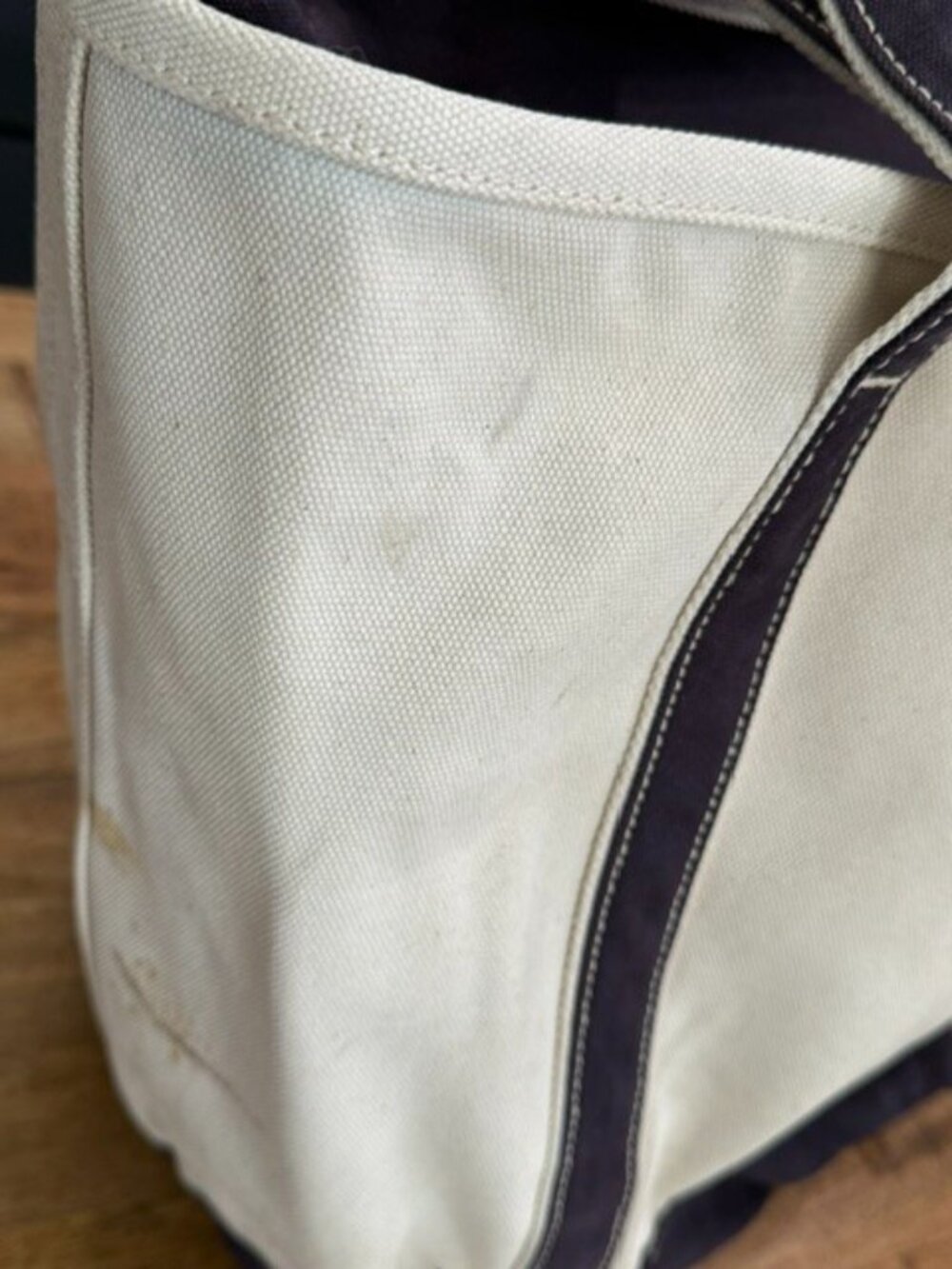 Lands End Heavy Duty Canvas Boat Tote XL Cream Navy USA Retro Zip Zipper Spots - Picture 4 of 16